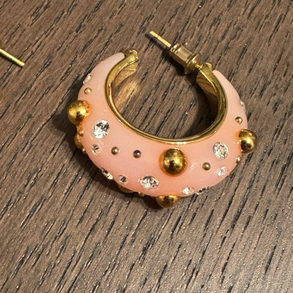 Celine Phoebe Philo Peach-Pink Enamel Hoop Earrings – Gold Studs & Crystals - Picture 3 of 6
